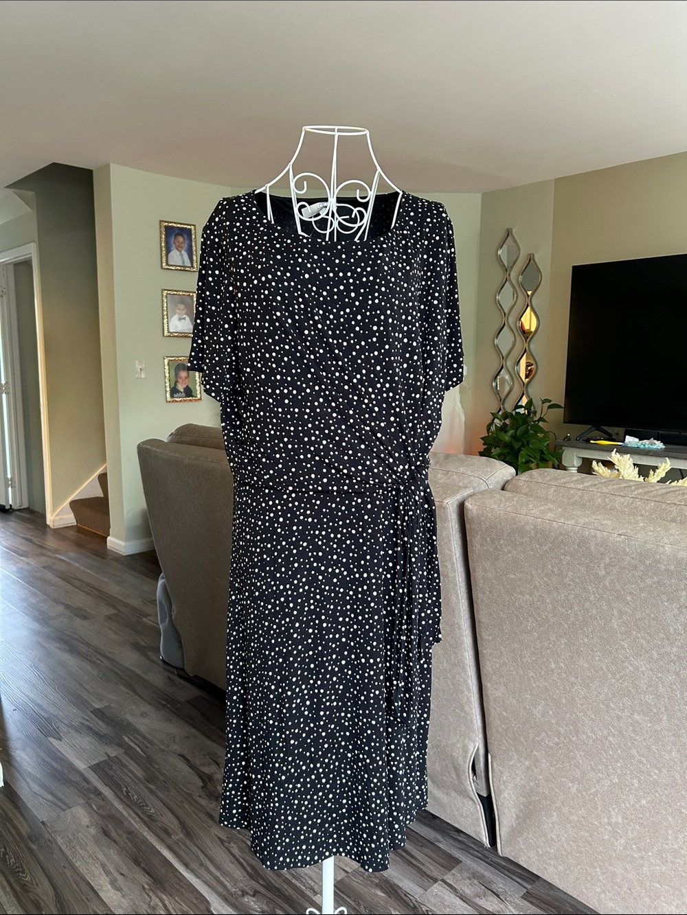 LOFT Black Midi Dress with White Polka Dots